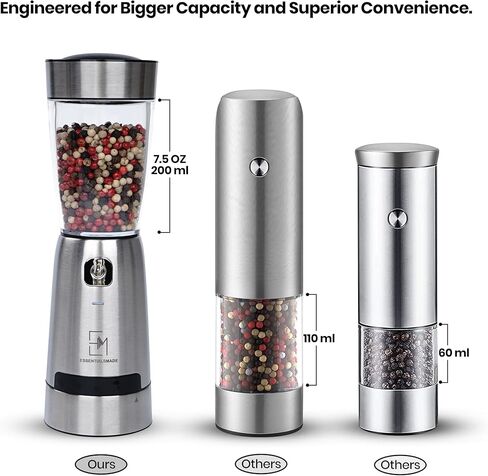 Electric Salt and Pepper Grinder Set – Rechargeable Stainless Steel Mills – Upgraded 800mAh Battery, Large 200ml Capacity, & 5 Adjustable Coarseness Levels – Kitchen Seasoning Tools in Kuwait