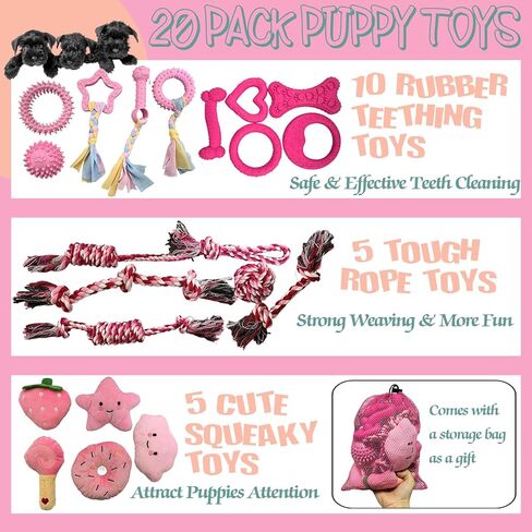 20Pcs Puppy Teething Toys for Small Medium Dogs - Cute Chew Toy Bundle Includes Plush Squeaky Toys, Rubber Ball, Rope Toy, TPR Bone, Dental Chew Ring - Interactive Dog Toy Gift with Storage Bag in Saudi Arabia