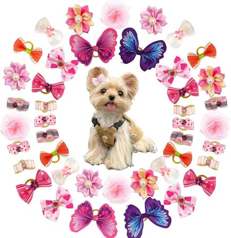 24PCS Handmade Pet Hair Bows with Elastic Rubber Bands, Purple Tone Flower Ball and Bowknot Design, Soft Pet Grooming Hair Accessories for Small Dogs and Cats Daily Wearing in Kuwait