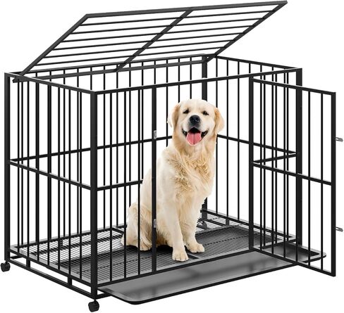 Heavy Duty 42 Inch Dog Crate for Medium Sized Dogs, Indestructible Stainless Steel Escape Proof Dog Kennel Indoor with Lockable Wheels and Removable Tray, Stackable Dog Cage for High Anxiety Dogs in Kuwait