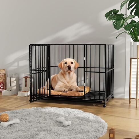 Heavy Duty 42 Inch Dog Crate for Medium Sized Dogs, Indestructible Stainless Steel Escape Proof Dog Kennel Indoor with Lockable Wheels and Removable Tray, Stackable Dog Cage for High Anxiety Dogs in Kuwait
