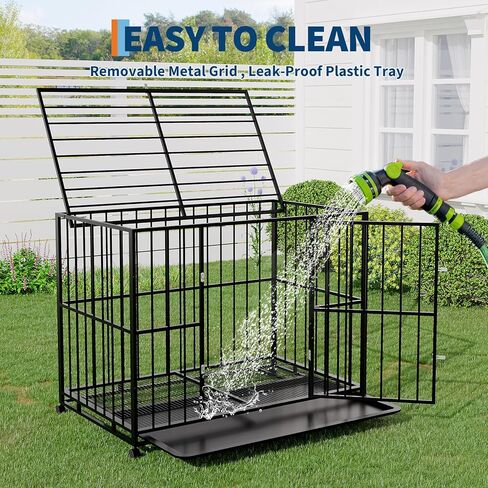 Heavy Duty 42 Inch Dog Crate for Medium Sized Dogs, Indestructible Stainless Steel Escape Proof Dog Kennel Indoor with Lockable Wheels and Removable Tray, Stackable Dog Cage for High Anxiety Dogs in Kuwait