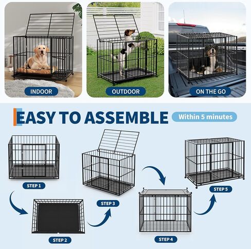 Heavy Duty 42 Inch Dog Crate for Medium Sized Dogs, Indestructible Stainless Steel Escape Proof Dog Kennel Indoor with Lockable Wheels and Removable Tray, Stackable Dog Cage for High Anxiety Dogs in Kuwait