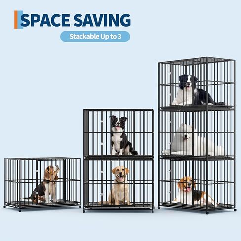 Heavy Duty 42 Inch Dog Crate for Medium Sized Dogs, Indestructible Stainless Steel Escape Proof Dog Kennel Indoor with Lockable Wheels and Removable Tray, Stackable Dog Cage for High Anxiety Dogs in Kuwait
