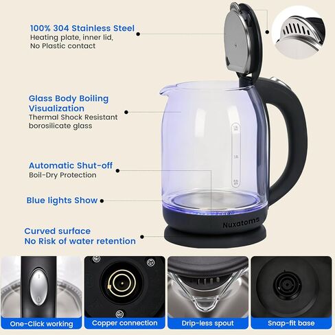 Household Electric Kettle, All 304 Stainless steel and No Plastic Contact, Automatic Shut-off,Borosilicate glass Visual Boiling, 2.0L Water Boiler & Tea Kettle Perfect For Tea & Coffee (Black) in Kuwait