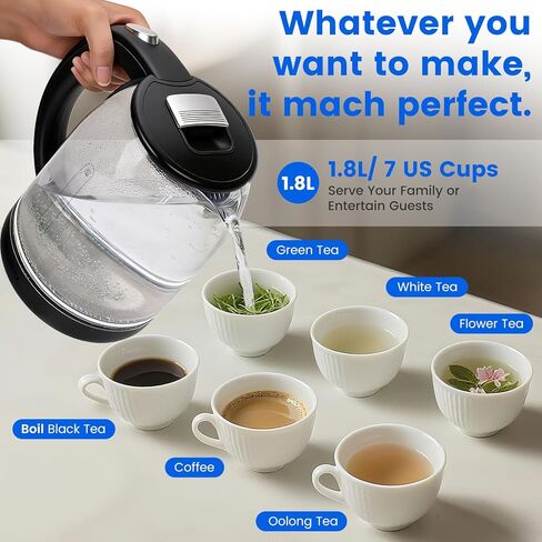 Household Electric Kettle, All 304 Stainless steel and No Plastic Contact, Automatic Shut-off,Borosilicate glass Visual Boiling, 2.0L Water Boiler & Tea Kettle Perfect For Tea & Coffee (Black) in Kuwait