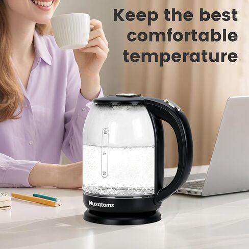 Household Electric Kettle, All 304 Stainless steel and No Plastic Contact, Automatic Shut-off,Borosilicate glass Visual Boiling, 2.0L Water Boiler & Tea Kettle Perfect For Tea & Coffee (Black) in Kuwait