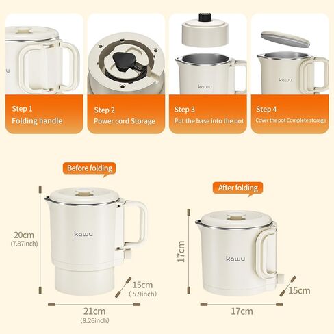 Kawu Collapsible Electric Water Kettle, 0.9 Qt Portable Hot Water Kettle for Travel, 600W Water Boiler with Stainless Steel Inner, 2 Heating Modes, Small Electric Tea Kettle for Camping Home Office in Kuwait