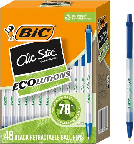 BIC Ecolutions Clic Stic Blue Ballpoint Pens, Medium Point (1.0mm), 48-Count Pack, Retractable Ball Point Pens Made from 78% Recycled Plastic in Saudi Arabia