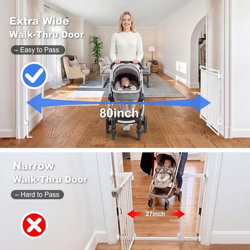 Betertek 45-80" Extra Wide Baby Gate for Large Openings-No Bottom Bar&Extra Wide Walk Thru Door, Heavy Duty Chew&Impact Resistant Safety Dog Gate, Hardware Mount (Drill Required) Indoor Pet Gate in Kuwait