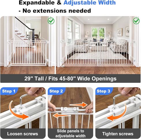Betertek 45-80" Extra Wide Baby Gate for Large Openings-No Bottom Bar&Extra Wide Walk Thru Door, Heavy Duty Chew&Impact Resistant Safety Dog Gate, Hardware Mount (Drill Required) Indoor Pet Gate in Kuwait