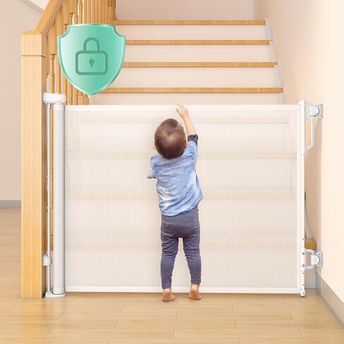 Momcozy Auto-Locking Retractable Mesh Baby Gate or Dog Gate, Child Safety Gate for Indoor or Outdoor, 33-inches Tall with up to 55-inches Wide Extension, Avoid Skirting Installation, White in Kuwait