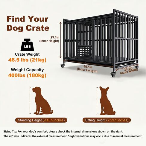 Heavy Duty Dog Crate, Reinforced Thickened Steel Frame Indestructible Kennel for Large & High Anxiety Dogs, Escape Proof Design with 3 Doors, 4 Lockable Wheels and 2 Removable Trays (48 Inch) in Saudi Arabia