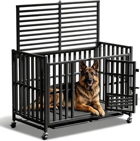 Heavy Duty Dog Crate, Reinforced Thickened Steel Frame Indestructible Kennel for Large & High Anxiety Dogs, Escape Proof Design with 3 Doors, 4 Lockable Wheels and 2 Removable Trays (48 Inch) in Kuwait