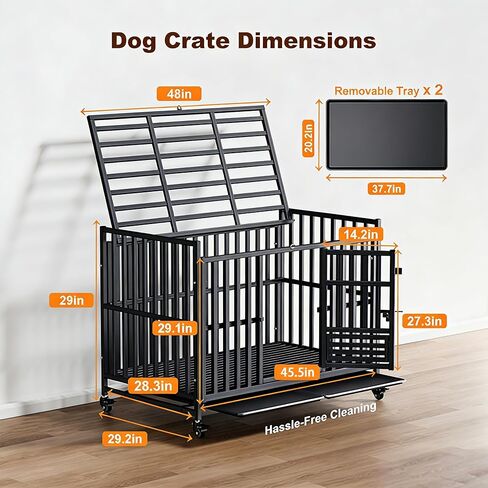 Heavy Duty Dog Crate, Reinforced Thickened Steel Frame Indestructible Kennel for Large & High Anxiety Dogs, Escape Proof Design with 3 Doors, 4 Lockable Wheels and 2 Removable Trays (48 Inch) in Saudi Arabia