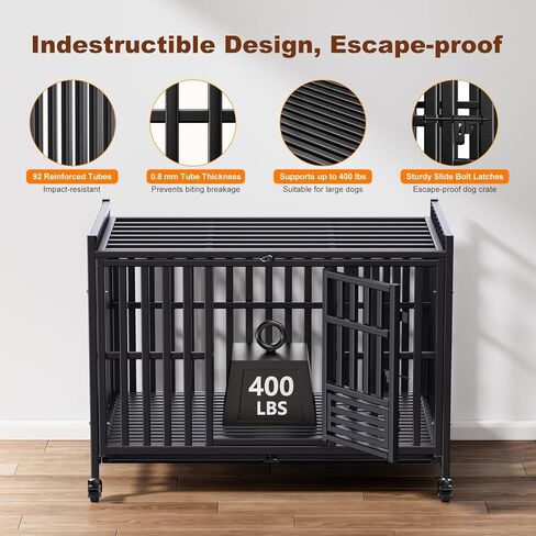Heavy Duty Dog Crate, Reinforced Thickened Steel Frame Indestructible Kennel for Large & High Anxiety Dogs, Escape Proof Design with 3 Doors, 4 Lockable Wheels and 2 Removable Trays (48 Inch) in Saudi Arabia