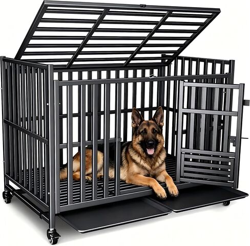 Heavy Duty Dog Crate, Reinforced Thickened Steel Frame Indestructible Kennel for Large & High Anxiety Dogs, Escape Proof Design with 3 Doors, 4 Lockable Wheels and 2 Removable Trays (48 Inch) in Saudi Arabia