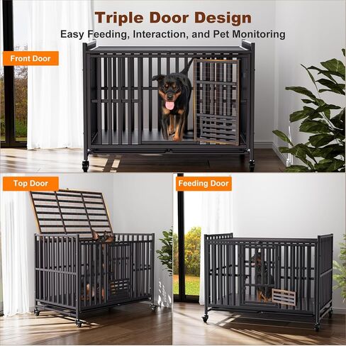 Heavy Duty Dog Crate, Reinforced Thickened Steel Frame Indestructible Kennel for Large & High Anxiety Dogs, Escape Proof Design with 3 Doors, 4 Lockable Wheels and 2 Removable Trays (48 Inch) in Saudi Arabia