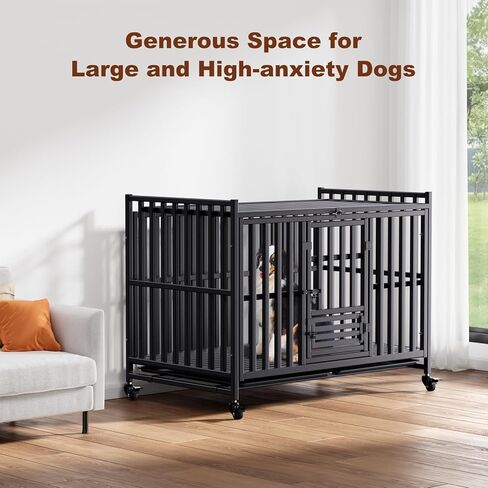 Heavy Duty Dog Crate, Reinforced Thickened Steel Frame Indestructible Kennel for Large & High Anxiety Dogs, Escape Proof Design with 3 Doors, 4 Lockable Wheels and 2 Removable Trays (48 Inch) in Saudi Arabia