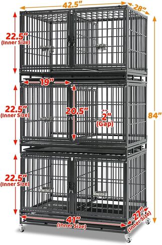 قفص كلب ثقيل من Homey Pet مزود بثلاثة طبقات مقاس 43 بوصة مع عجلات، قفص كلب من الفولاذ غير قابل للتدمير قابل للتكديس داخلي مع مقسم وصواني وأوعية وأقفال مقاومة للهروب للمربي والمزيد in Kuwait