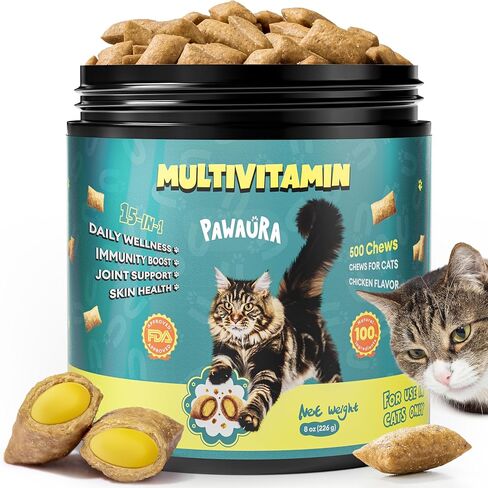 Cat Multivitamin Treats with Taurine – 500 Crunchy & Creamy Cat Vitamin Chews for Immune, Joint, Digestion, Skin & Coat Support – Daily Healthy Supplement for Cats of All Ages in Kuwait