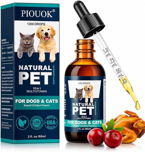 Dog & Cat Multivitamin, 15 in 1 Cat Vitamins with Glucosamine Cranberry, Pet Vitamins and Supplements Helps for Joints, Coat Shining, Immune System, Dog Liquid Multivitamin Promotes Appetite(60ml) in Kuwait