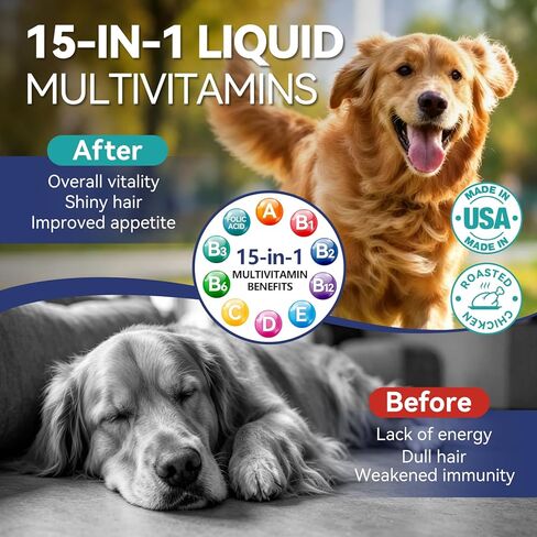 Dog & Cat Multivitamin, 15 in 1 Cat Vitamins with Glucosamine Cranberry, Pet Vitamins and Supplements Helps for Joints, Coat Shining, Immune System, Dog Liquid Multivitamin Promotes Appetite(60ml) in Kuwait