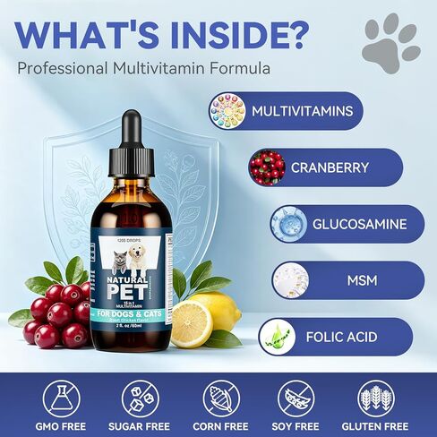 Dog & Cat Multivitamin, 15 in 1 Cat Vitamins with Glucosamine Cranberry, Pet Vitamins and Supplements Helps for Joints, Coat Shining, Immune System, Dog Liquid Multivitamin Promotes Appetite(60ml) in Kuwait