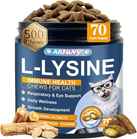 Lysine for Cats - 500 Chews L-Lysine for cats Immune, Eye Function, Respiratory Support - Cat Sneezing & Running Nose - with Taurine, Beta-Glucans, Bovine Colostrum - Crunchy & Creamy, Chicken Flavor in Kuwait
