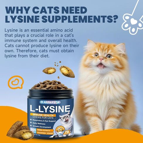 Lysine for Cats - 500 Chews L-Lysine for cats Immune, Eye Function, Respiratory Support - Cat Sneezing & Running Nose - with Taurine, Beta-Glucans, Bovine Colostrum - Crunchy & Creamy, Chicken Flavor in Kuwait