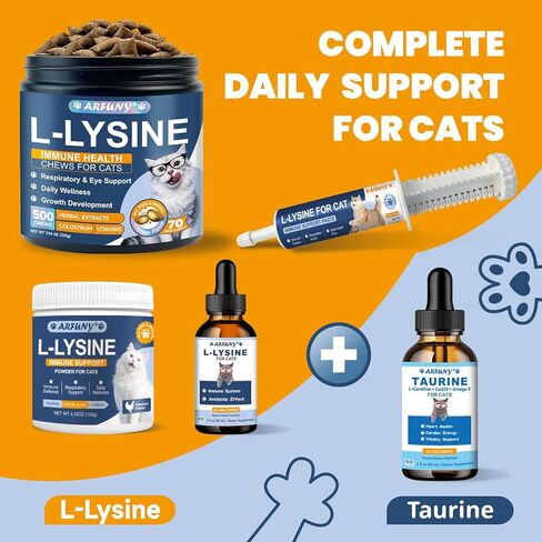 Lysine for Cats - 500 Chews L-Lysine for cats Immune, Eye Function, Respiratory Support - Cat Sneezing & Running Nose - with Taurine, Beta-Glucans, Bovine Colostrum - Crunchy & Creamy, Chicken Flavor in Kuwait