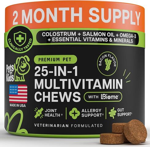 Pets are Kids 25-in-1 Dog Multivitamin - Pet Vitamins and Supplements with LBiome™, Colostrum & Salmon Oil for Gut, Allergy, Mobility & Immune Health - Bacon Flavored, Dog Supplements - 60 Chews in Saudi Arabia