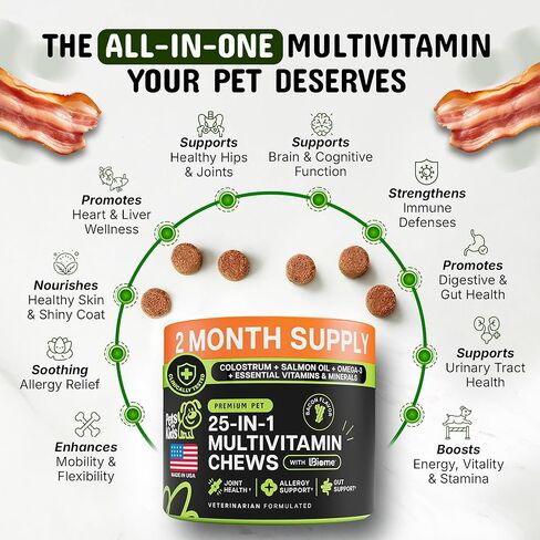 Pets are Kids 25-in-1 Dog Multivitamin - Pet Vitamins and Supplements with LBiome™, Colostrum & Salmon Oil for Gut, Allergy, Mobility & Immune Health - Bacon Flavored, Dog Supplements - 60 Chews in Saudi Arabia