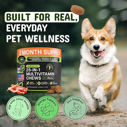 Pets are Kids 25-in-1 Dog Multivitamin - Pet Vitamins and Supplements with LBiome™, Colostrum & Salmon Oil for Gut, Allergy, Mobility & Immune Health - Bacon Flavored, Dog Supplements - 60 Chews in Saudi Arabia