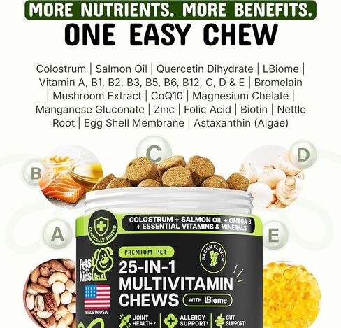 Pets are Kids 25-in-1 Dog Multivitamin - Pet Vitamins and Supplements with LBiome™, Colostrum & Salmon Oil for Gut, Allergy, Mobility & Immune Health - Bacon Flavored, Dog Supplements - 60 Chews in Saudi Arabia