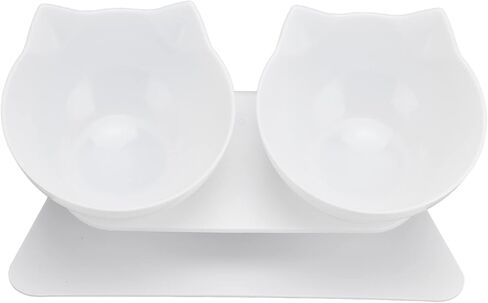 Generic 15 Degree Inclined Double Cat Bowl with Neck Support, Portable Transparent Food & Water Dish Set with Anti Slip White Base for Home Pet Shops Living Room (White Base + Bowl) in Kuwait