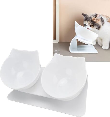 Generic 15 Degree Inclined Double Cat Bowl with Neck Support, Portable Transparent Food & Water Dish Set with Anti Slip White Base for Home Pet Shops Living Room (White Base + Bowl) in Kuwait