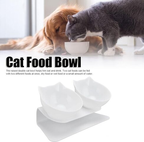 Generic 15 Degree Inclined Double Cat Bowl with Neck Support, Portable Transparent Food & Water Dish Set with Anti Slip White Base for Home Pet Shops Living Room (White Base + Bowl) in Kuwait