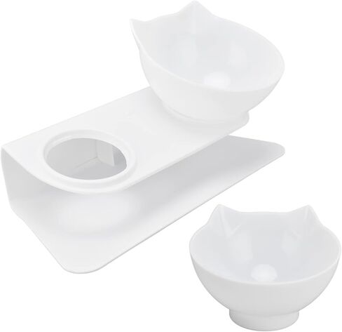 Generic 15 Degree Inclined Double Cat Bowl with Neck Support, Portable Transparent Food & Water Dish Set with Anti Slip White Base for Home Pet Shops Living Room (White Base + Bowl) in Kuwait