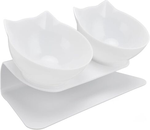 Generic 15 Degree Inclined Double Cat Bowl with Neck Support, Portable Transparent Food & Water Dish Set with Anti Slip White Base for Home Pet Shops Living Room (White Base + Bowl) in Kuwait