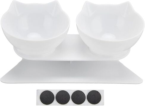 Generic 15 Degree Inclined Double Cat Bowl with Neck Support, Portable Transparent Food & Water Dish Set with Anti Slip White Base for Home Pet Shops Living Room (White Base + Bowl) in Kuwait