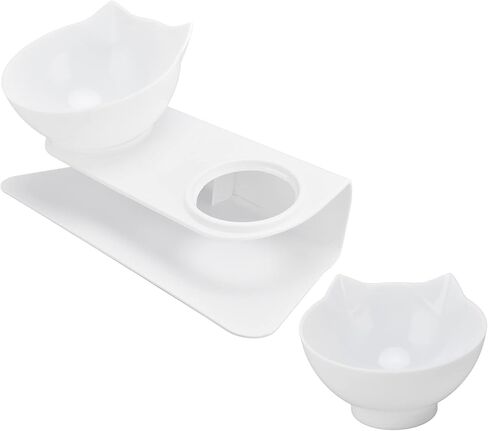 Generic 15 Degree Inclined Double Cat Bowl with Neck Support, Portable Transparent Food & Water Dish Set with Anti Slip White Base for Home Pet Shops Living Room (White Base + Bowl) in Kuwait