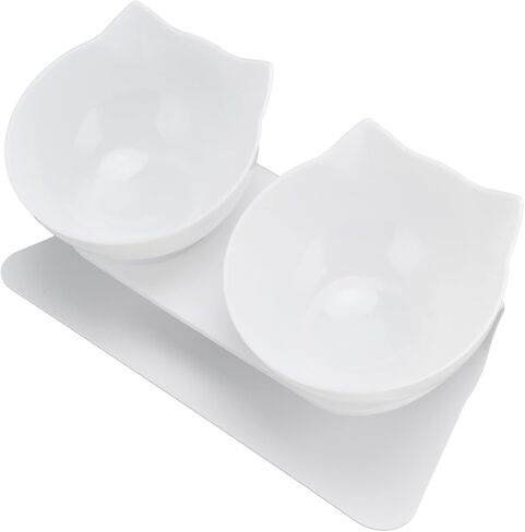 Generic 15 Degree Inclined Double Cat Bowl with Neck Support, Portable Transparent Food & Water Dish Set with Anti Slip White Base for Home Pet Shops Living Room (White Base + Bowl) in Kuwait