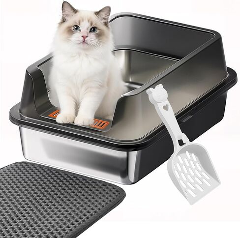 Stainless Steel Cat Litter Box with High Sides, Metal Litter Box Odor Resistant, Open Top Litter Pan with Litter Mat & Scoop, Easy Clean Non-Absorbent, Anti-Urine Leakage in Kuwait