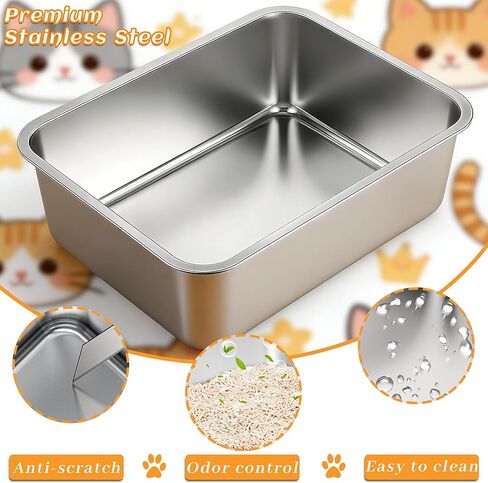 Stainless Steel Cat Litter Box with High Sides, Metal Litter Box Odor Resistant, Open Top Litter Pan with Litter Mat & Scoop, Easy Clean Non-Absorbent, Anti-Urine Leakage in Kuwait