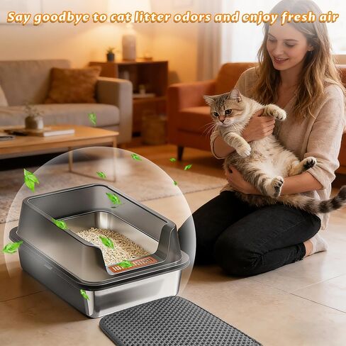 Stainless Steel Cat Litter Box with High Sides, Metal Litter Box Odor Resistant, Open Top Litter Pan with Litter Mat & Scoop, Easy Clean Non-Absorbent, Anti-Urine Leakage in Kuwait