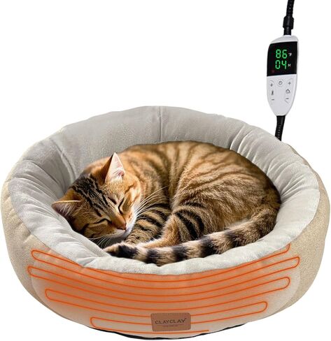 CLAYCLAY Heated Cat Bed, Round Heated Pet Bed for Indoor Cats, 20" Cozy with Timer & Temperature Adjustable, Non-Slip Bottom, Removable, Washable, Waterproof with Pet Heating Pad in Kuwait