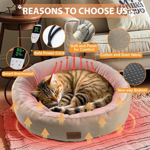 CLAYCLAY Heated Cat Bed, Round Heated Pet Bed for Indoor Cats, 20" Cozy with Timer & Temperature Adjustable, Non-Slip Bottom, Removable, Washable, Waterproof with Pet Heating Pad in Kuwait