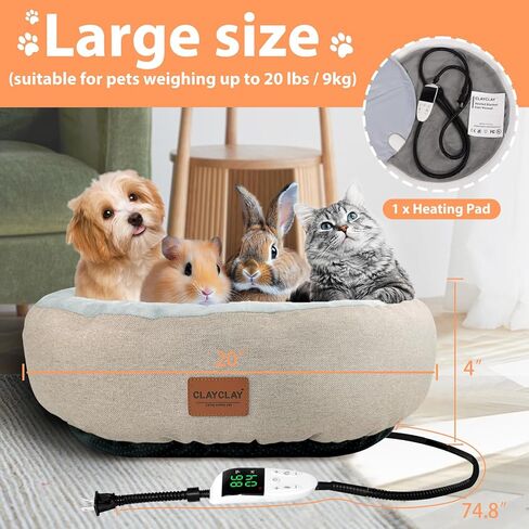 CLAYCLAY Heated Cat Bed, Round Heated Pet Bed for Indoor Cats, 20" Cozy with Timer & Temperature Adjustable, Non-Slip Bottom, Removable, Washable, Waterproof with Pet Heating Pad in Kuwait