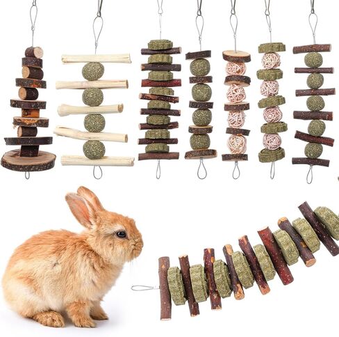 7 Pcs Bunny Chew Toys, Natural Apple Wood Hanging Rabbit Chew Toy Treats for Guinea Pigs Hamsters Chinchilla Ferret Rats, Improve Small Animal Dental Health for Teeth Grinding in Kuwait